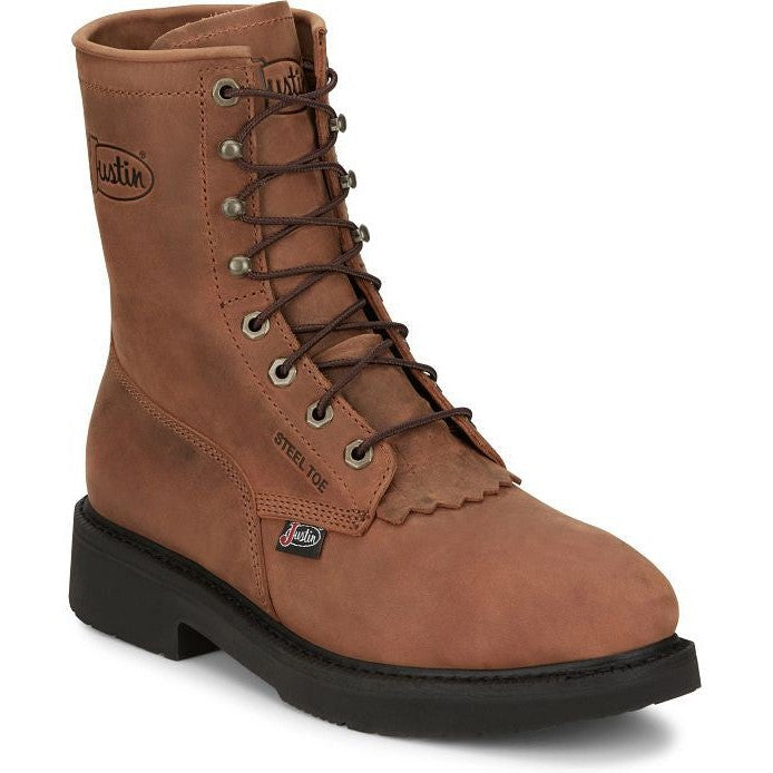 Justin Men's Livestock 8" Round Steel Toe Lace Up Western Work Boot -Brown- OW764 8 / Medium / Brown - Overlook Boots
