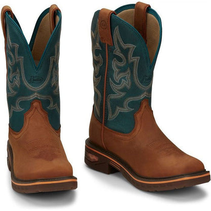 Justin Men's Resistor 11" Square Toe Western Work Boot -Blue- CR4009  - Overlook Boots
