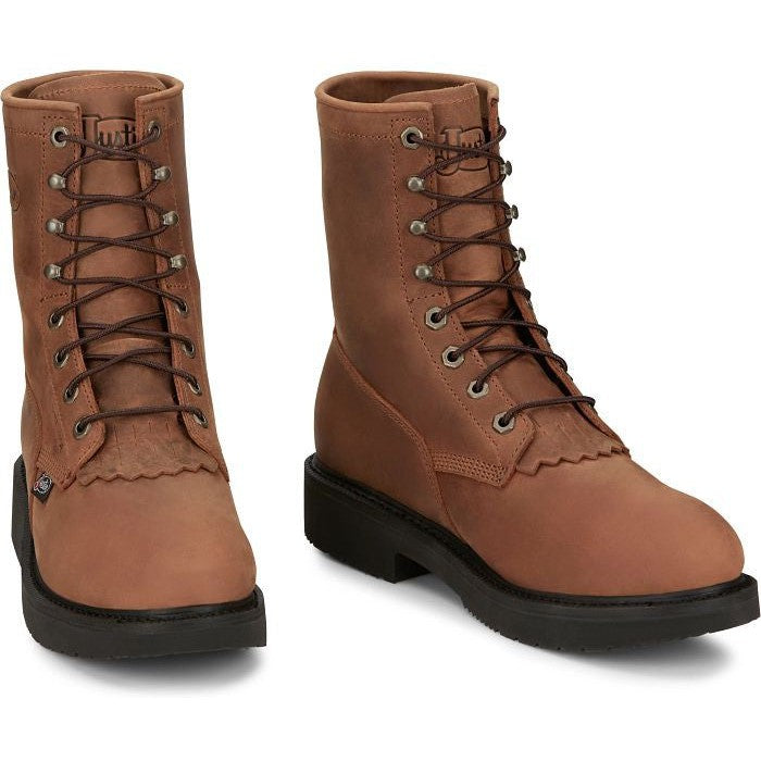 Justin Men's Livestock 8" Round Steel Toe Lace Up Western Work Boot -Brown- OW764 - Overlook Boots