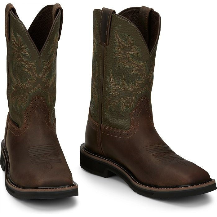 Justin Men's Driller 11" Steel Toe Western Work Boot -Brown/Green- SE4688 - Overlook Boots