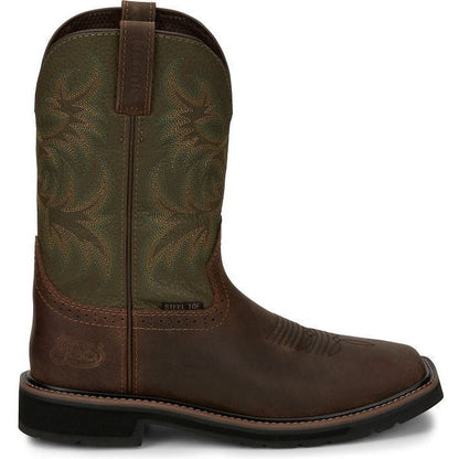 Justin Men's Driller 11" Steel Toe Western Work Boot -Brown/Green- SE4688 8 / Medium / Copper - Overlook Boots