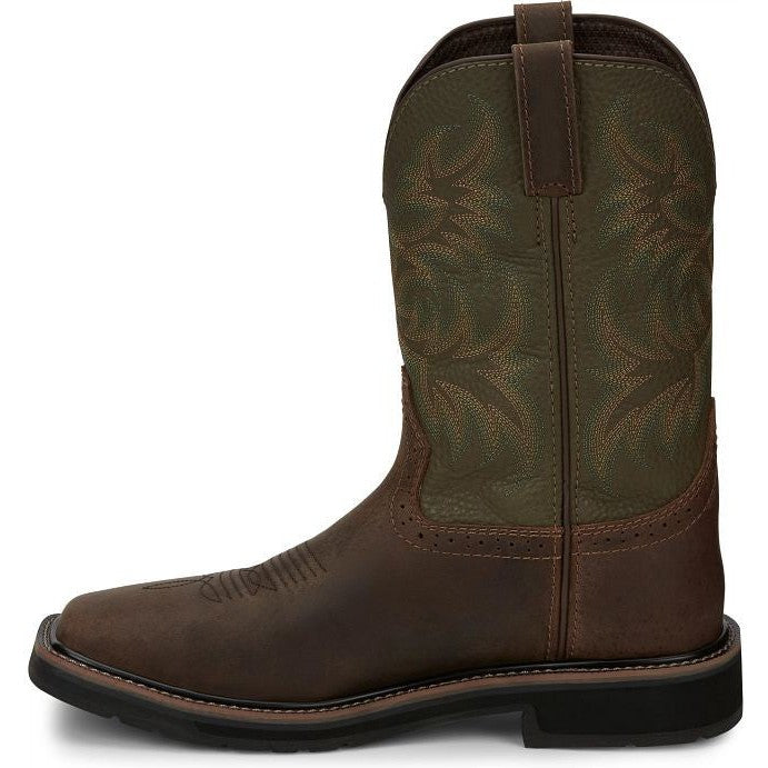 Justin Men's Driller 11" Steel Toe Western Work Boot -Brown/Green- SE4688 - Overlook Boots